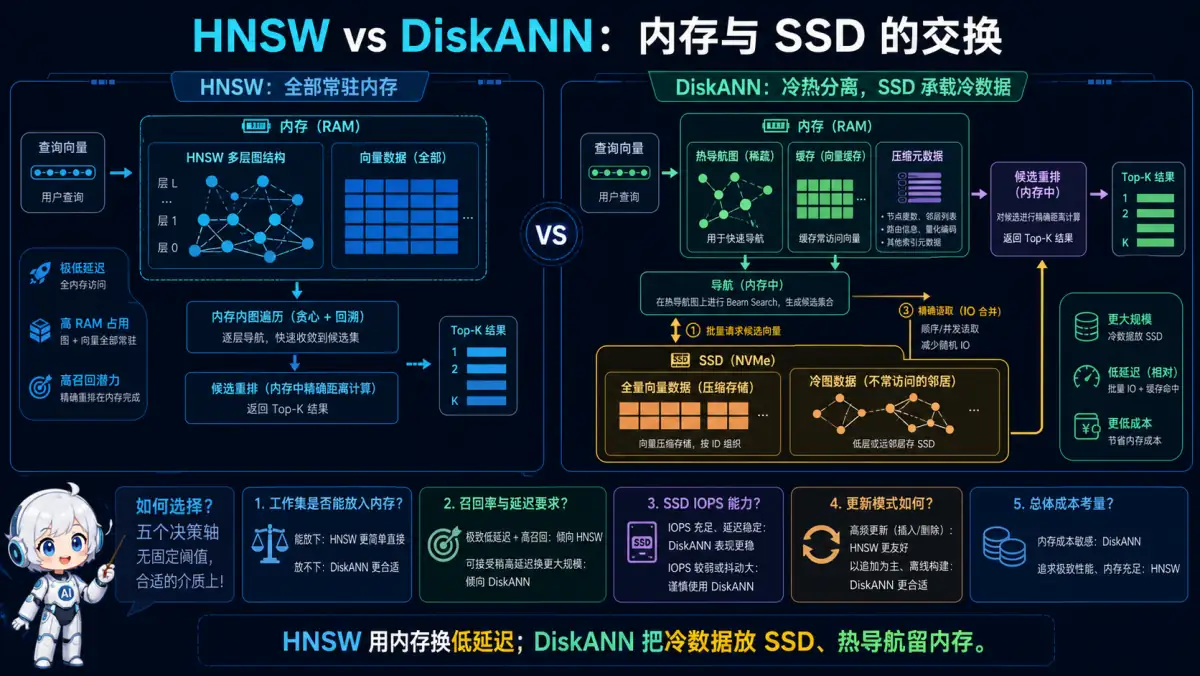 HNSW 与 DiskANN 内存和 SSD 存储取舍图