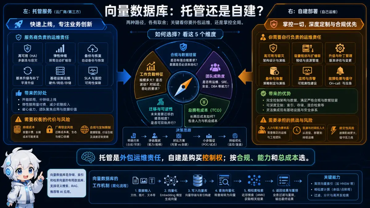 托管与自建向量数据库责任边界和选型维度图
