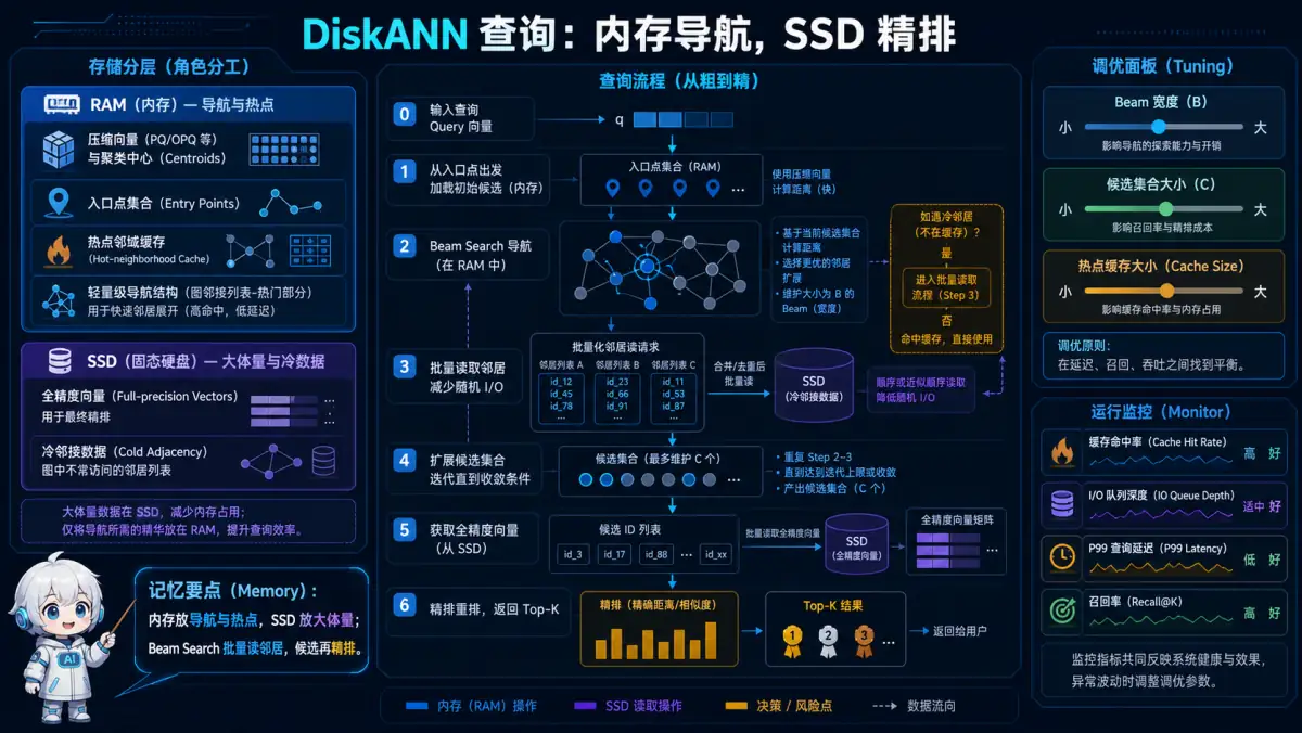DiskANN 内存导航、SSD 批量读取与候选精排流程图