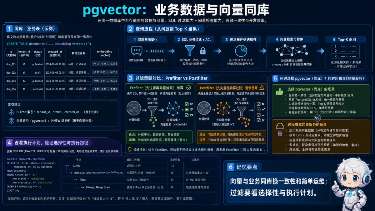 pgvector 业务字段与向量同库及混合查询执行流程图