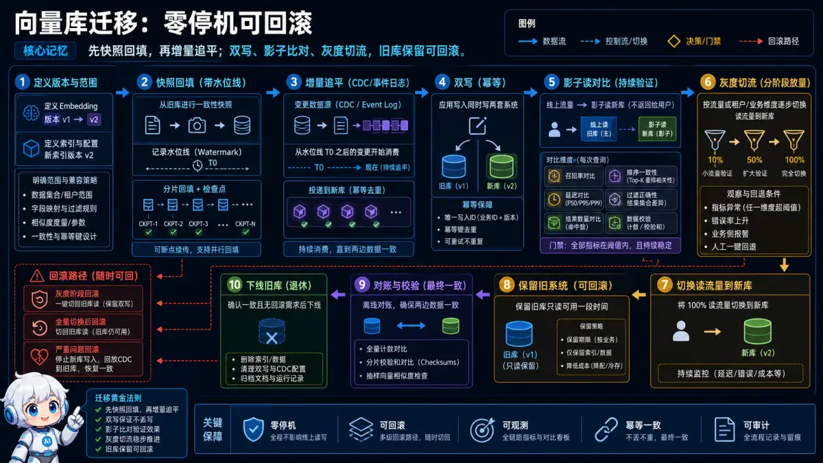 向量数据库快照回填、增量追平、双写、影子验证与回滚流程图