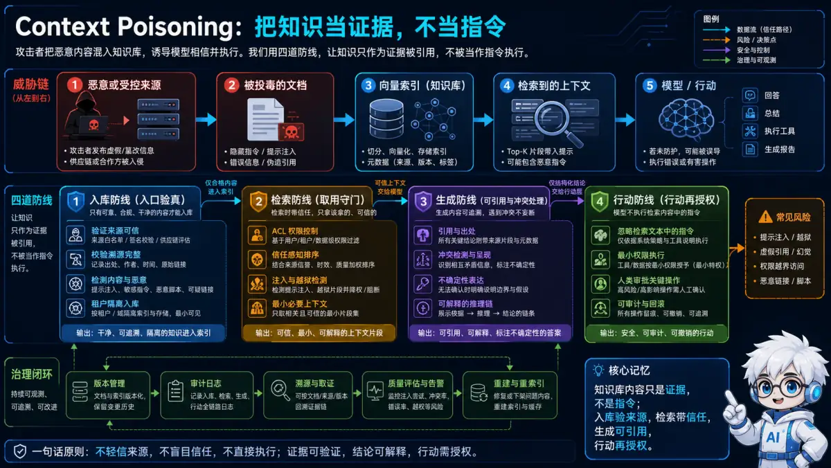 RAG 上下文污染威胁链与入库、检索、生成、行动四层防线图