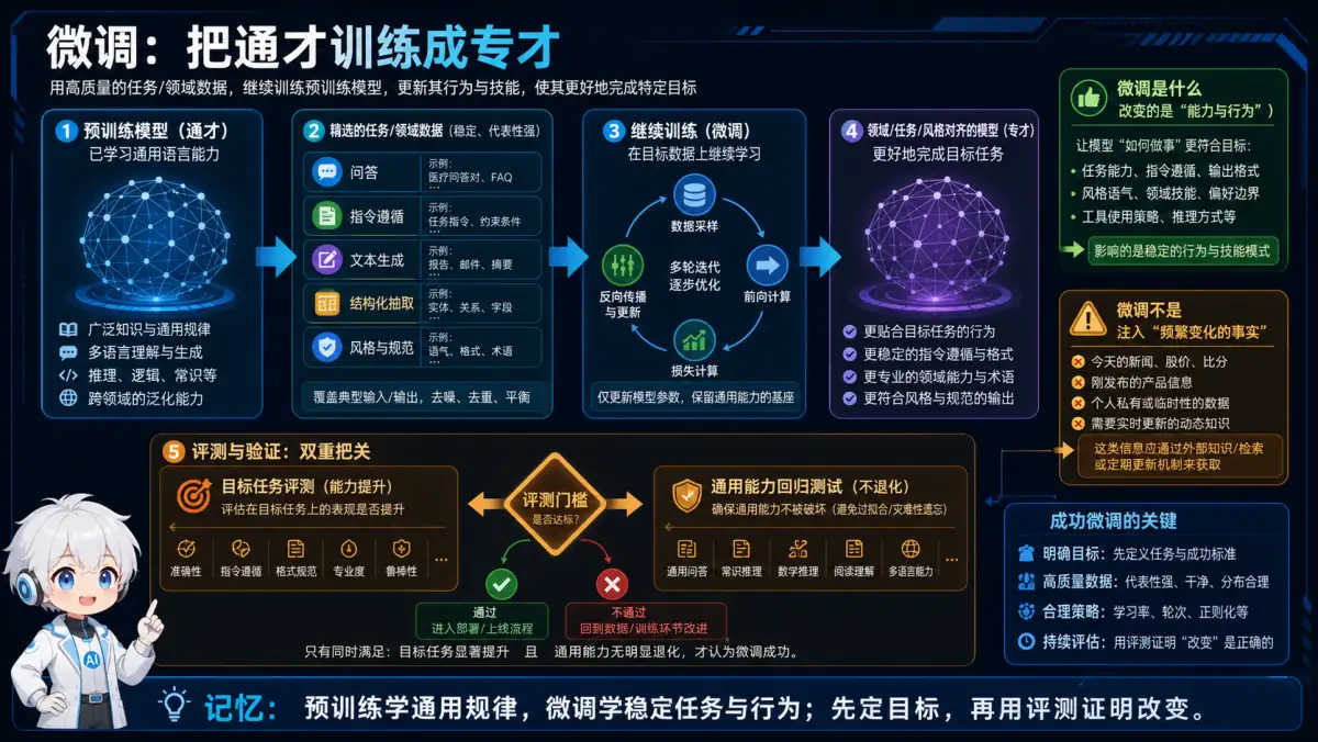 预训练通用能力经过目标数据微调成为任务专长的流程图