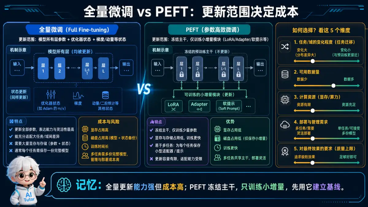 全量微调与 PEFT 参数更新范围、资源及部署取舍图