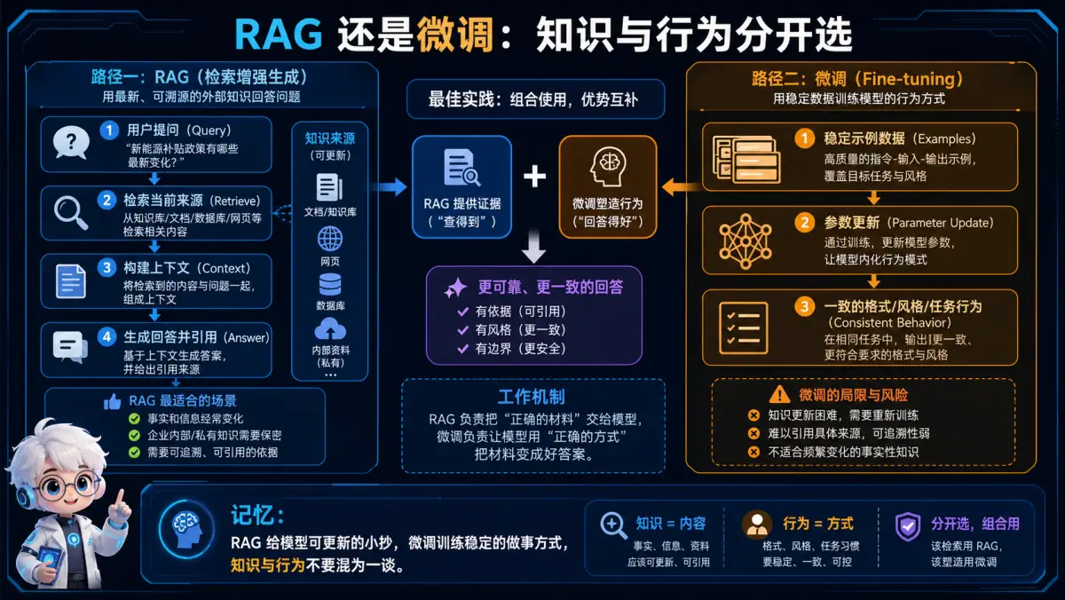 RAG 更新知识与微调塑造行为的选型及组合图