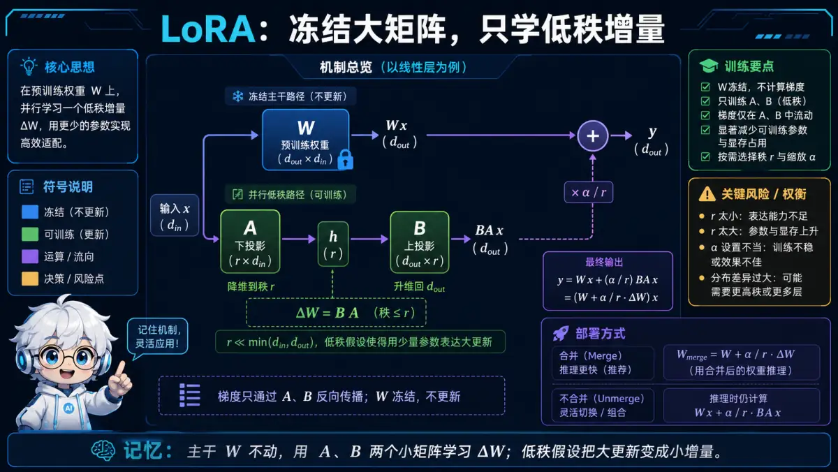 LoRA 冻结原权重并通过低秩矩阵学习权重增量的机制图