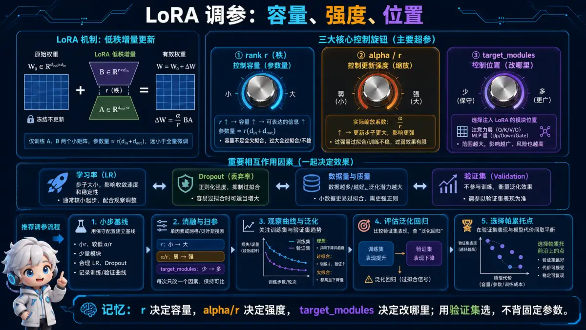LoRA 秩、缩放、目标模块和验证集联动调参图