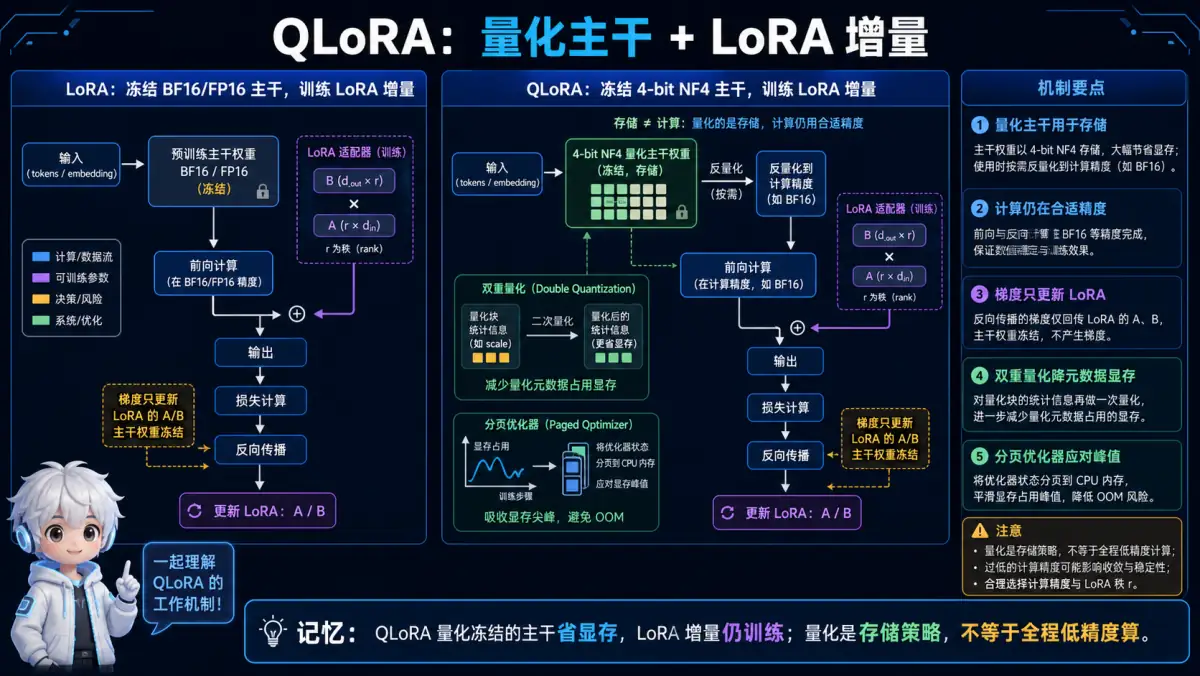 QLoRA 量化冻结主干、反量化计算与训练 LoRA 增量机制图