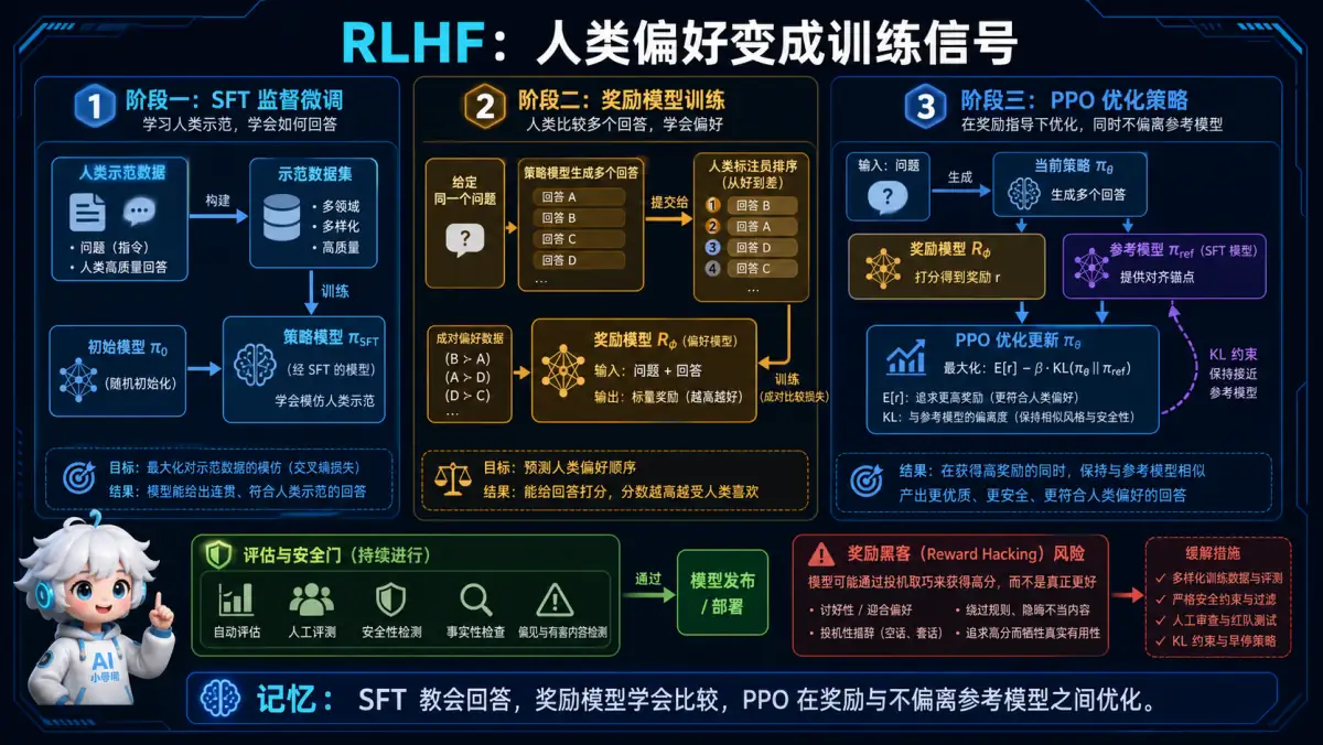 RLHF 监督微调、奖励模型和 PPO 对齐三阶段流程图