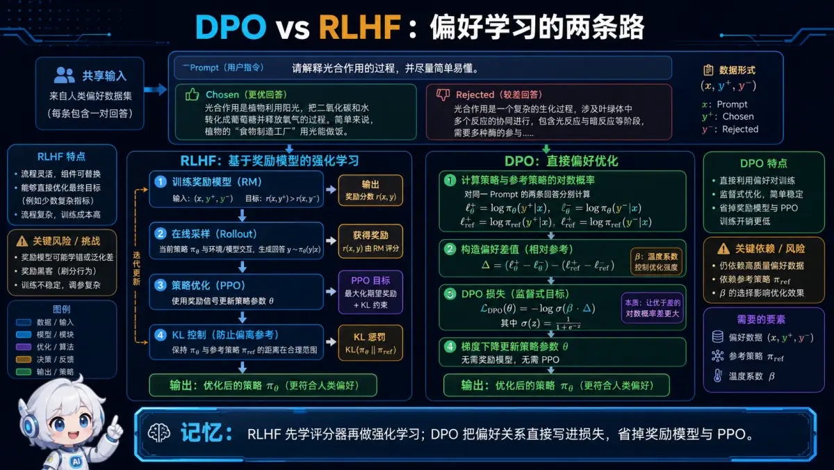 DPO 直接偏好优化与 RLHF 奖励模型强化学习路径对比图