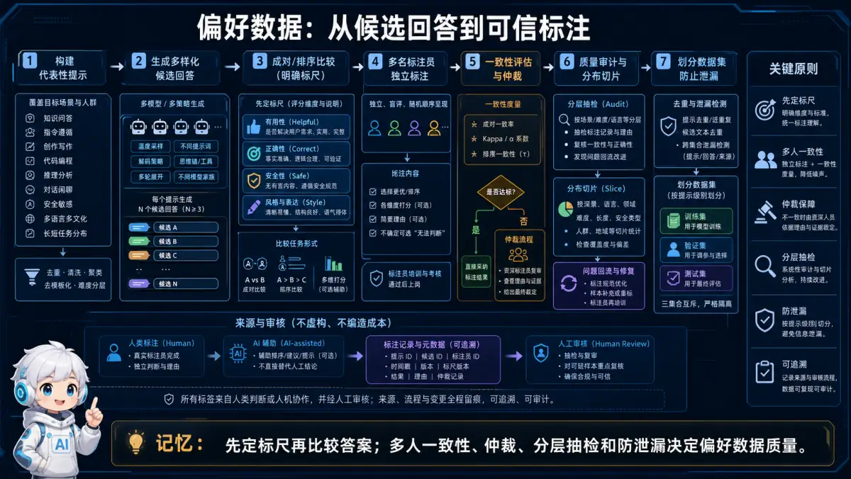 偏好数据候选生成、评分标尺、多人标注、仲裁和防泄漏流程图