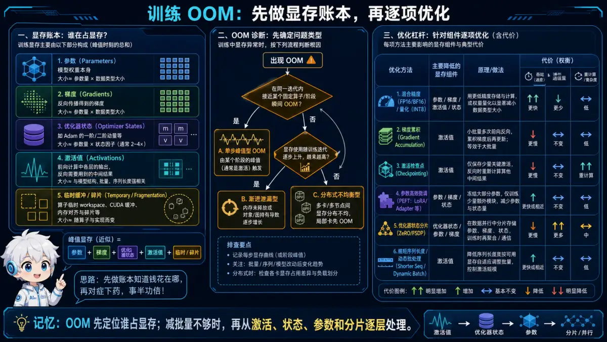 训练显存账本、OOM 诊断和参数激活状态分片优化图