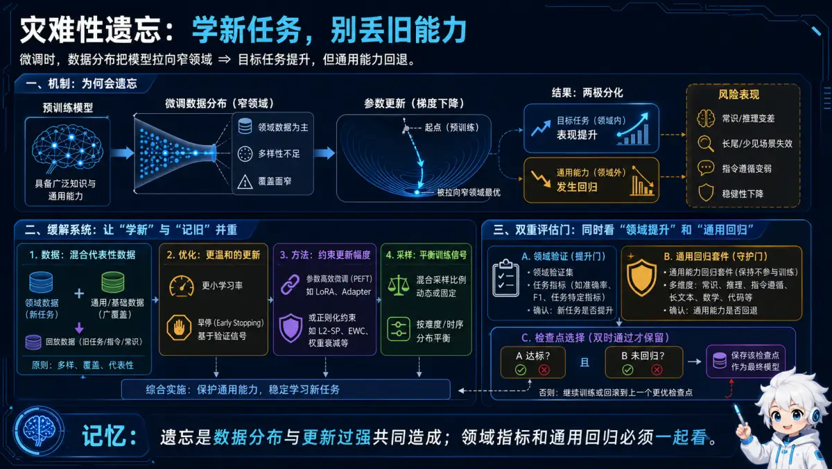 微调数据分布导致灾难性遗忘及双重评测缓解机制图