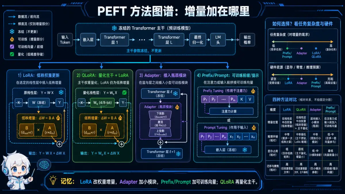 LoRA、QLoRA、Adapter、Prefix 与 Prompt Tuning 增量位置图