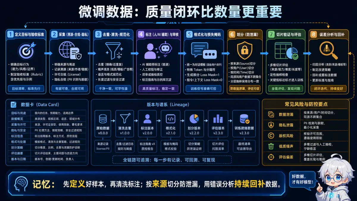 微调数据目标、采集、清洗、标注、防泄漏划分与错误回补闭环图