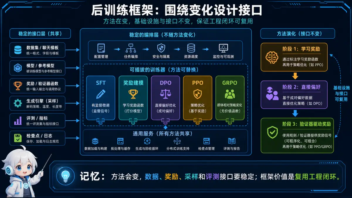 后训练框架稳定接口、可插拔训练器与共享工程闭环图