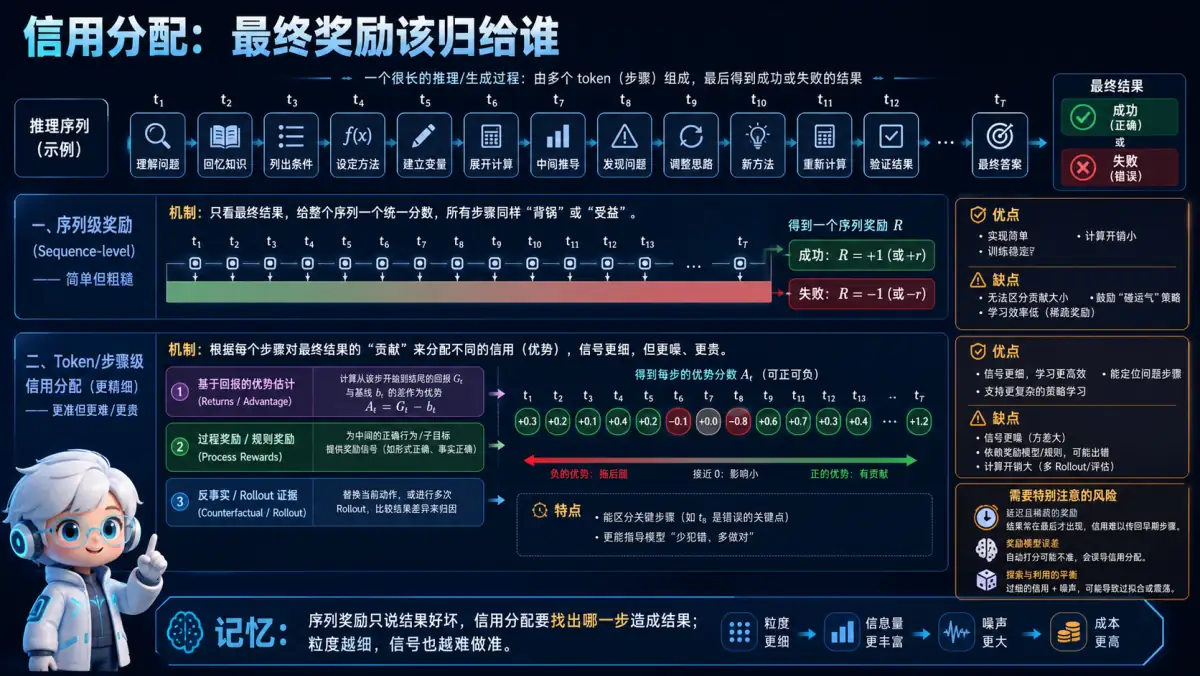 序列级奖励与 token 步骤级信用分配机制对比图
