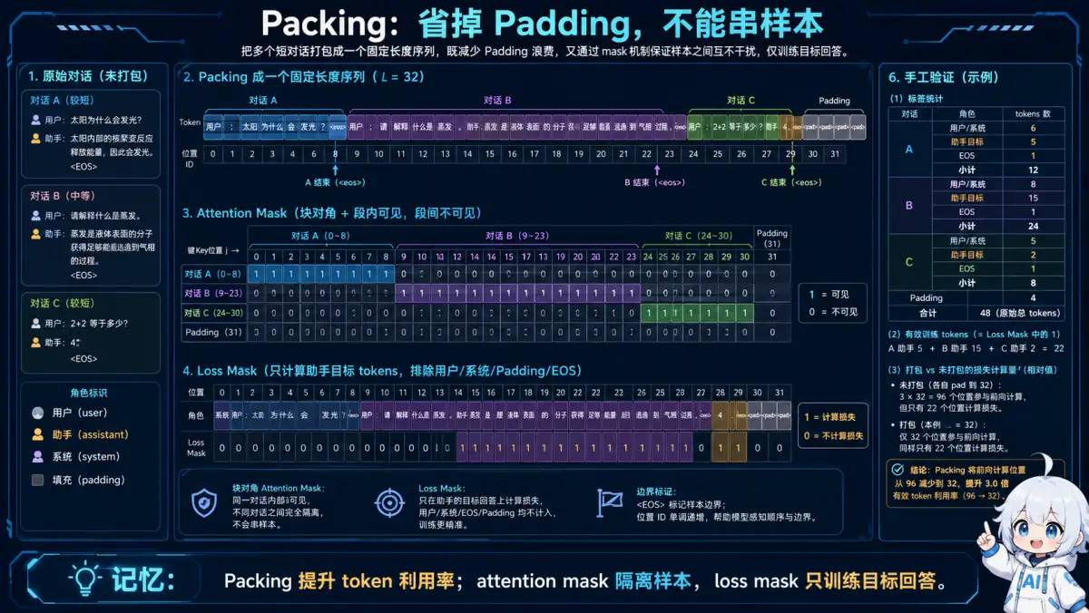 训练数据 Packing、跨样本注意力隔离和目标回答损失掩码图