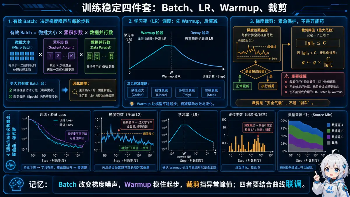 有效 Batch、学习率、Warmup、梯度裁剪及训练曲线联动图