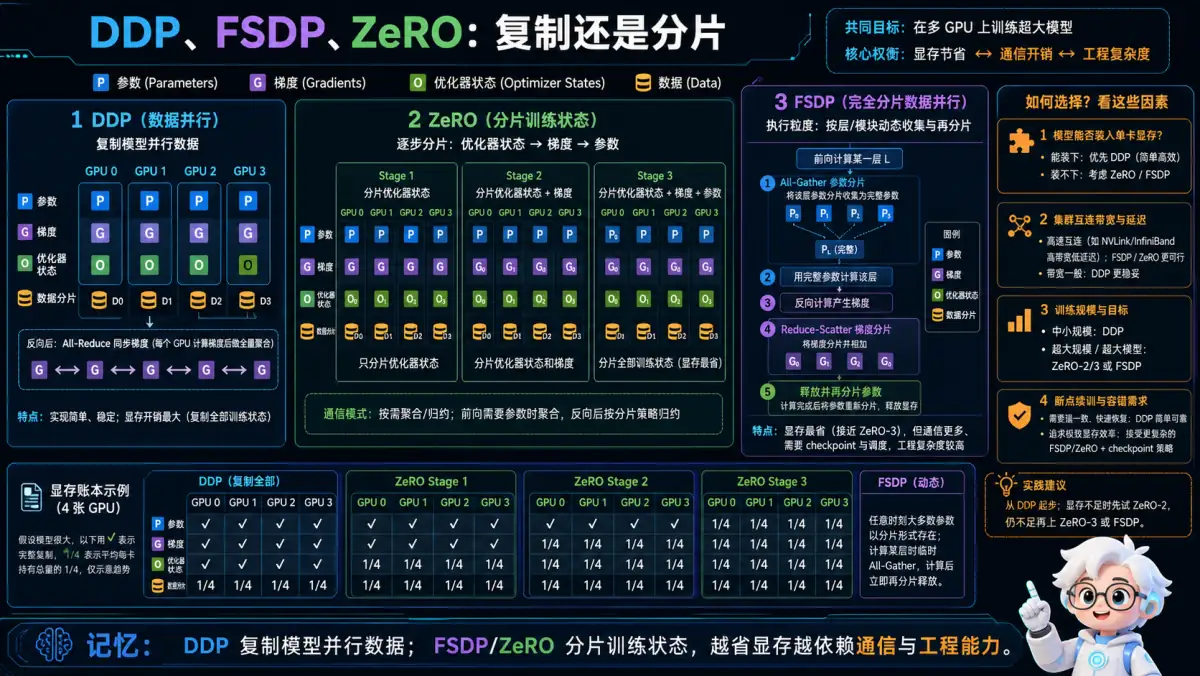 DDP 复制模型与 FSDP、ZeRO 分片训练状态和通信取舍图