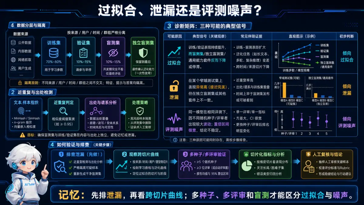 过拟合、数据泄漏和评测噪声的信号、排查与验证矩阵图