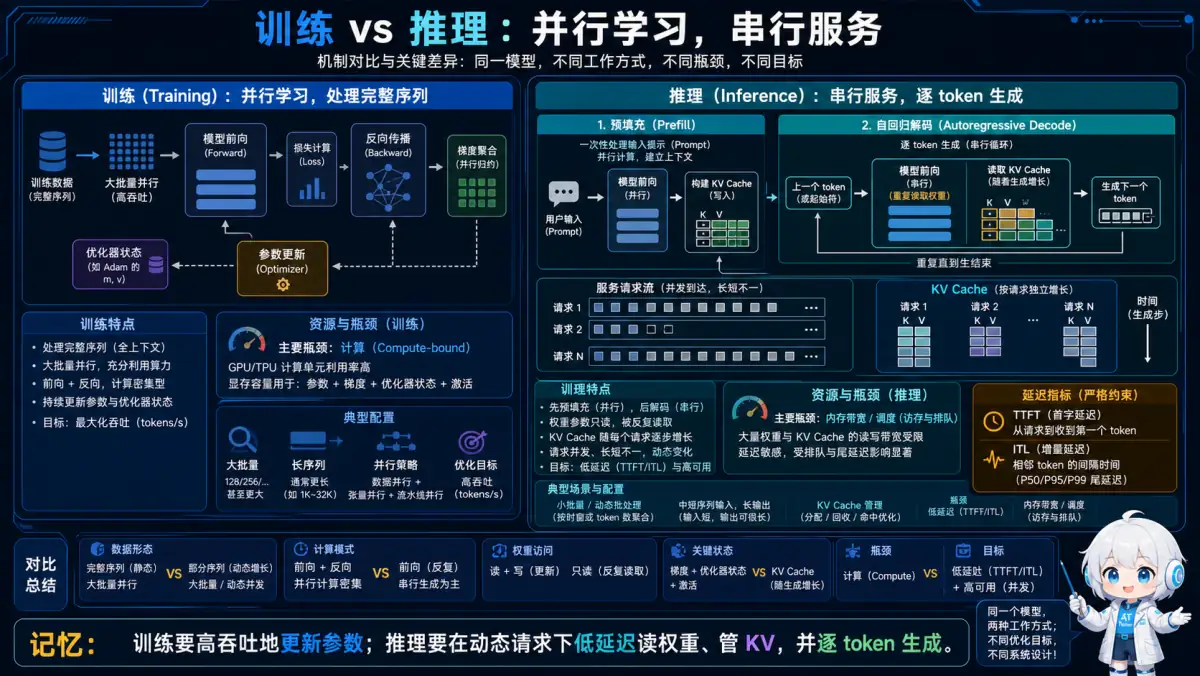 LLM 训练并行更新参数与推理串行服务的瓶颈对比图