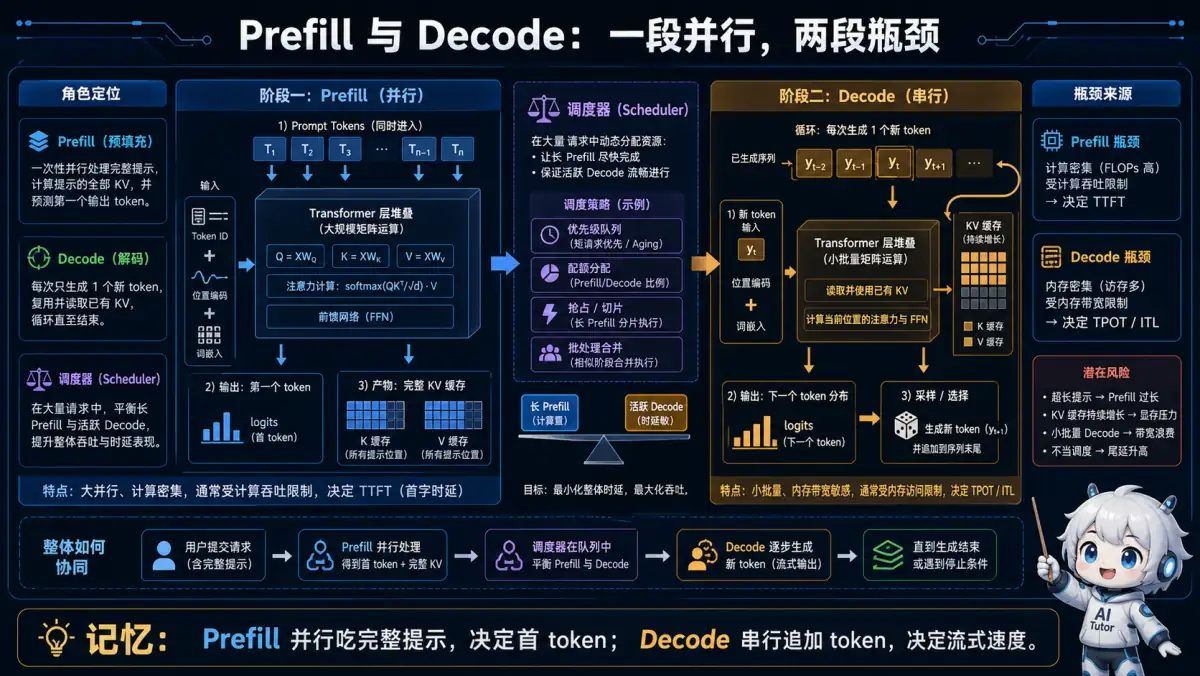 LLM Prefill 并行处理提示与 Decode 串行生成的阶段瓶颈图