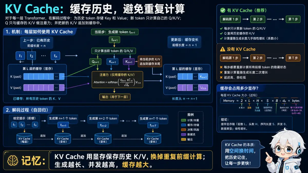 自回归解码缓存历史 Key Value 避免重复计算的机制图