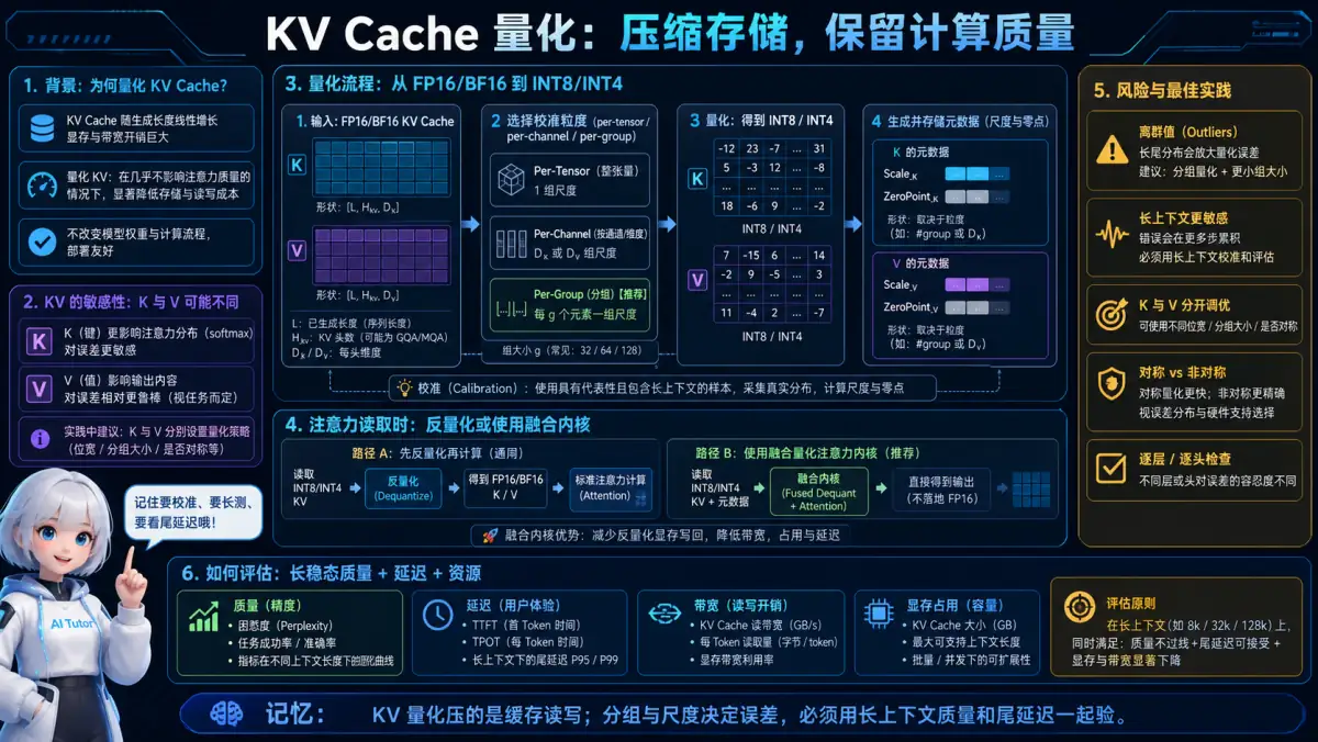KV Cache 分组量化、尺度元数据、反量化与质量评估机制图