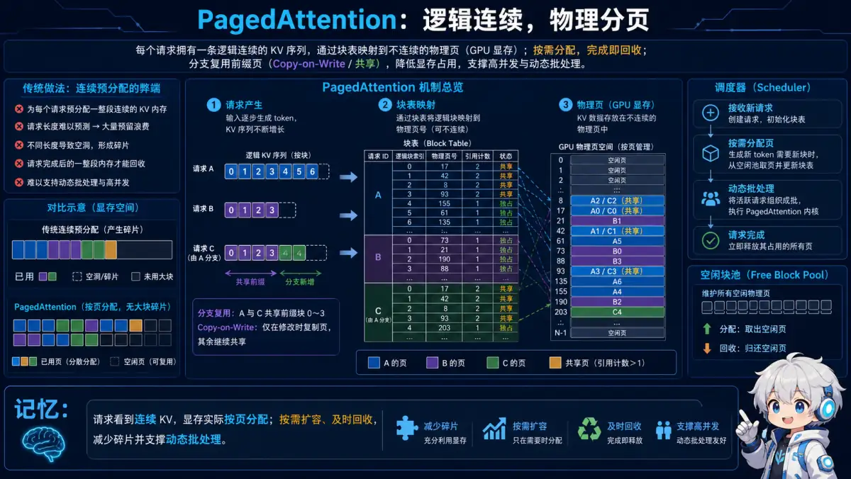 PagedAttention 逻辑 KV 序列映射到非连续物理显存页的机制图