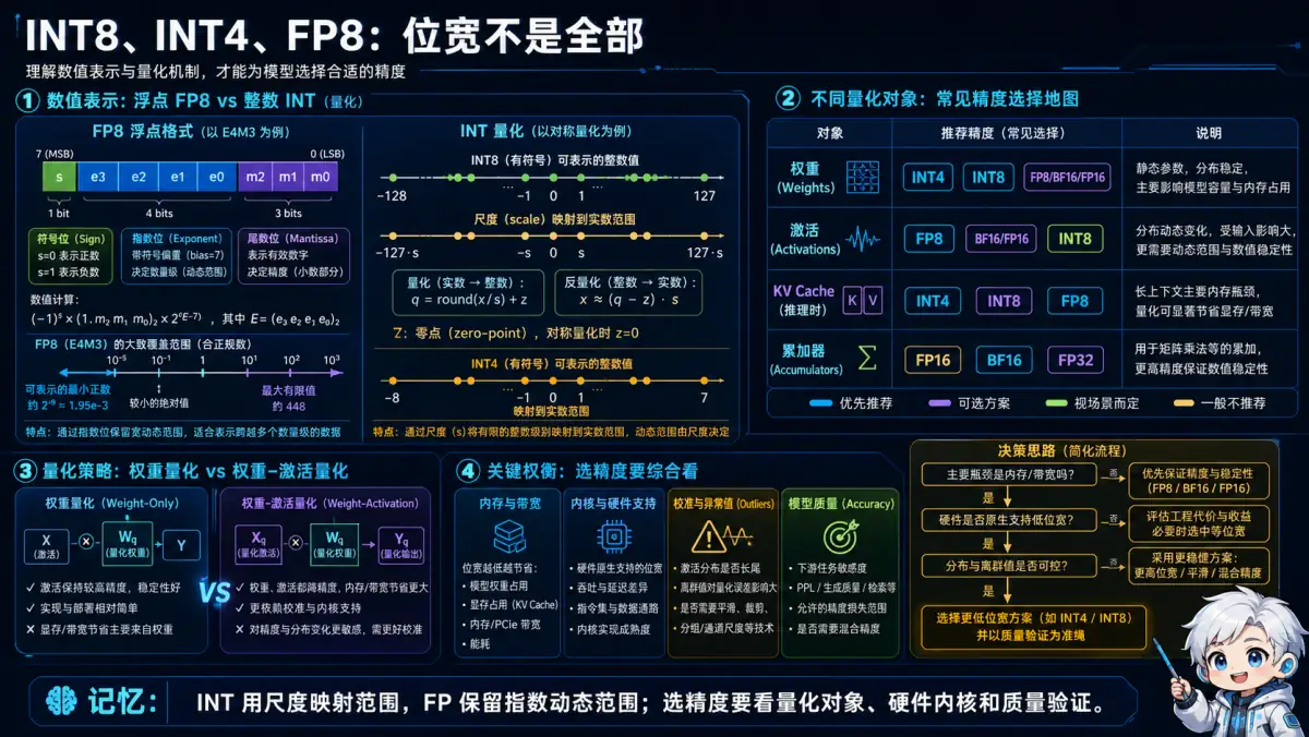 INT8、INT4 和 FP8 表示方式、量化对象及硬件质量取舍图