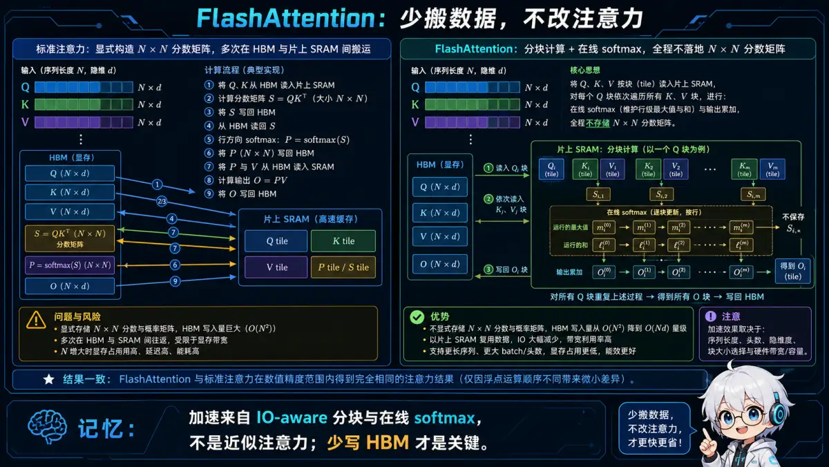 FlashAttention 通过片上分块和在线 softmax 减少 HBM 读写的机制图
