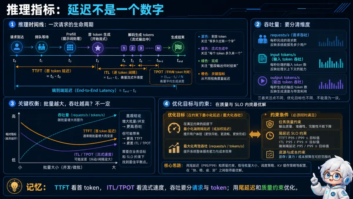 推理请求时间线上的 TTFT、ITL、TPOT、端到端延迟与吞吐指标图