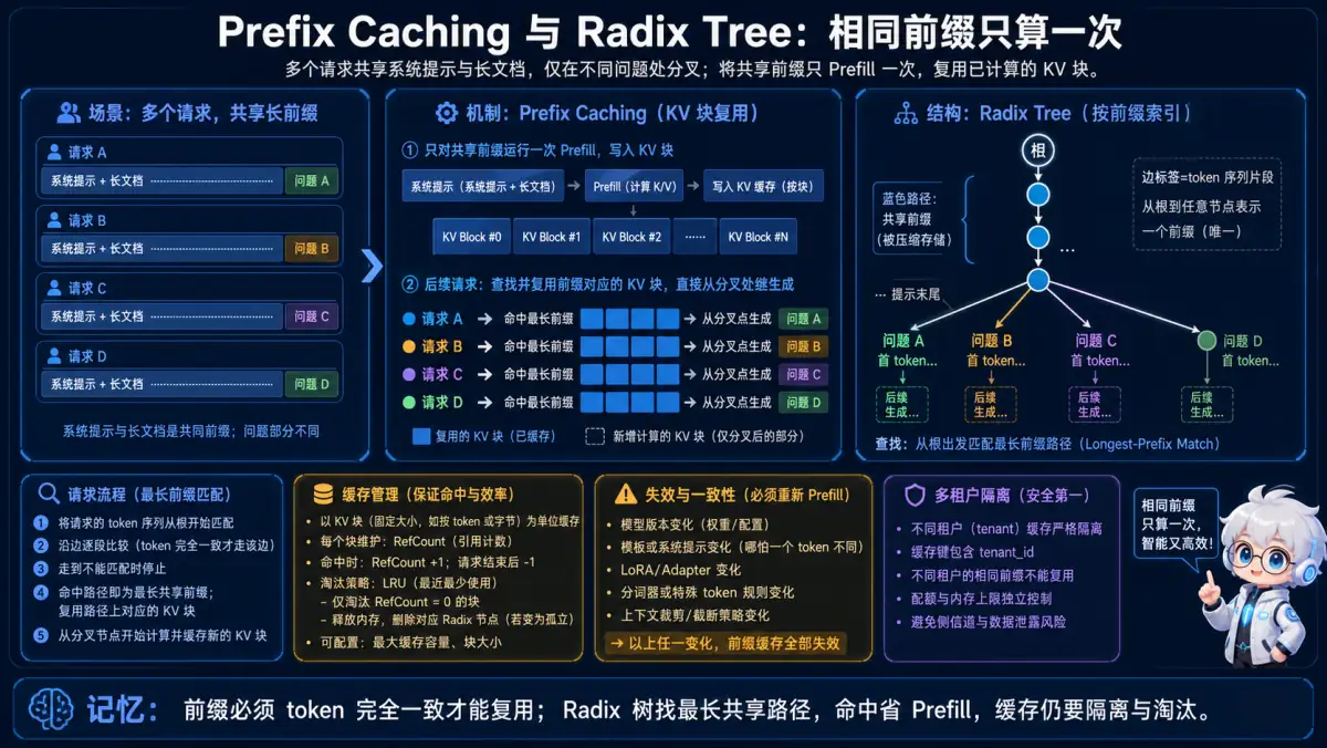 共享前缀 KV 复用、Radix Tree 最长前缀匹配和缓存治理图