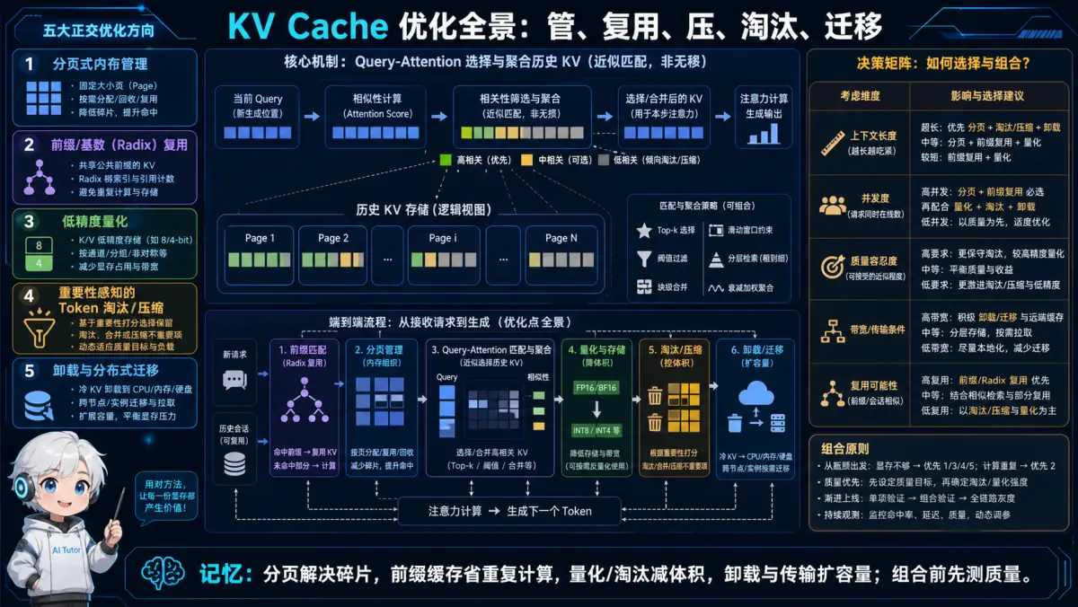 KV Cache 分页、前缀复用、量化、重要性淘汰和卸载迁移全景图