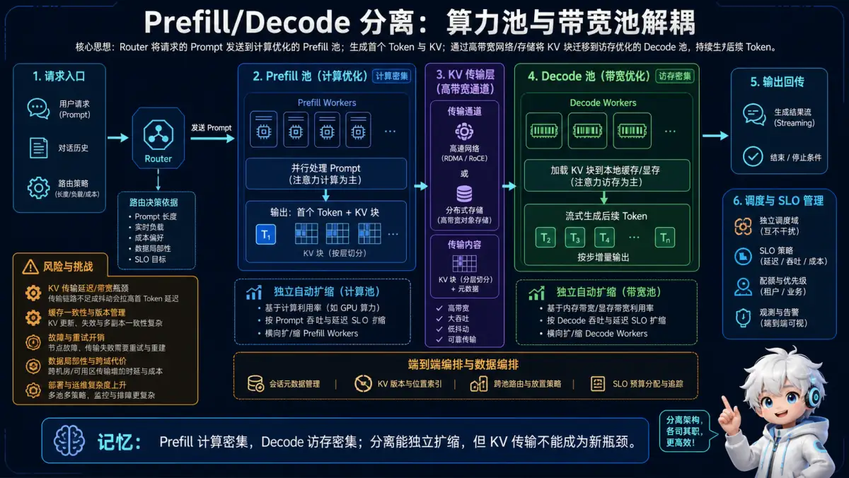 Prefill 计算池与 Decode 带宽池分离及跨节点 KV 传输架构图