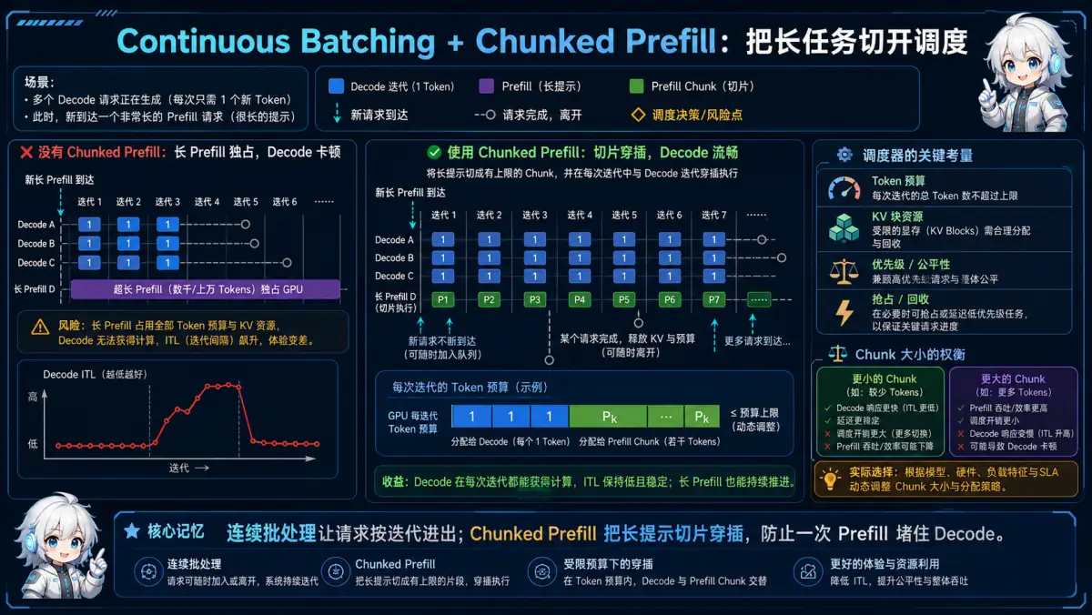 Continuous Batching 与 Chunked Prefill 在 token 预算内交错调度图