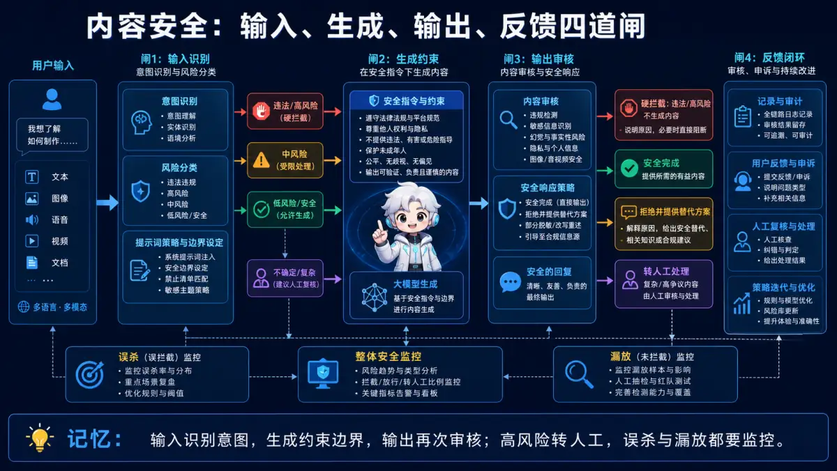 AI 内容安全输入识别、生成约束、输出审核和反馈四道防线图