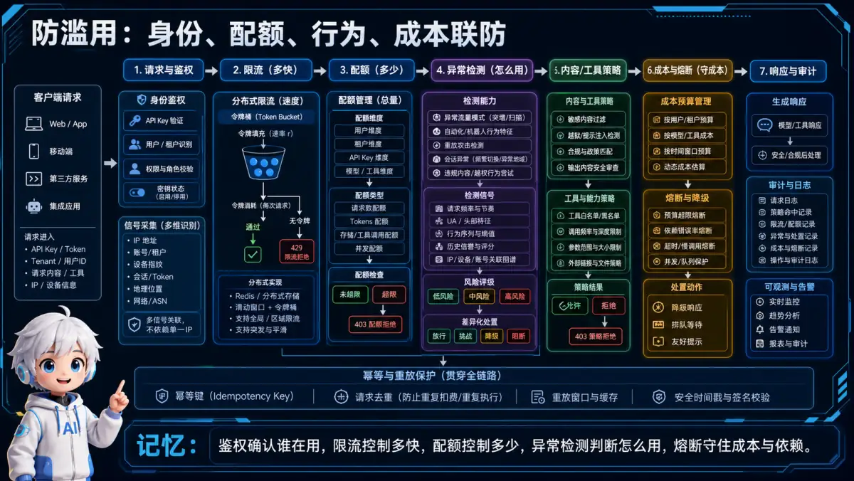 AI 应用身份鉴权、限流、配额、异常行为和成本熔断联防图
