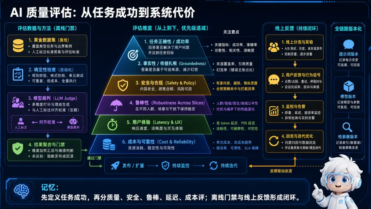 AI 应用任务成功、依据扎根、安全、鲁棒、体验、成本质量评估体系图