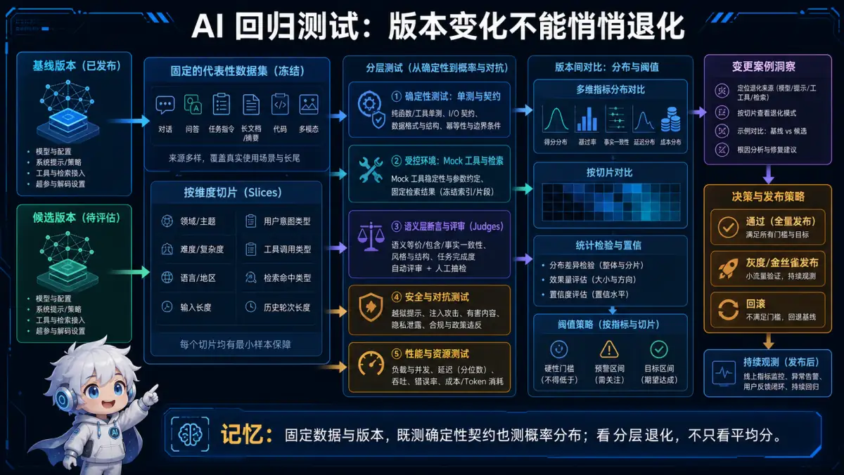 AI 基线版本与候选版本在固定数据和多层测试中的回归比较图