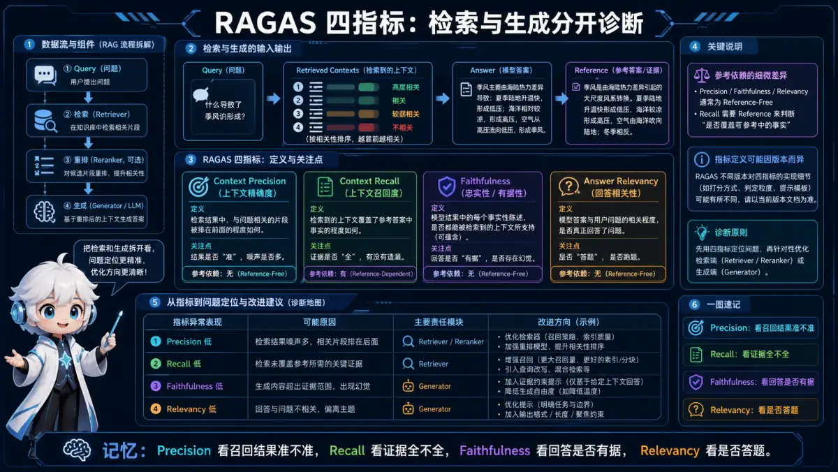 RAGAS 上下文精度、召回、忠实性和回答相关性诊断图