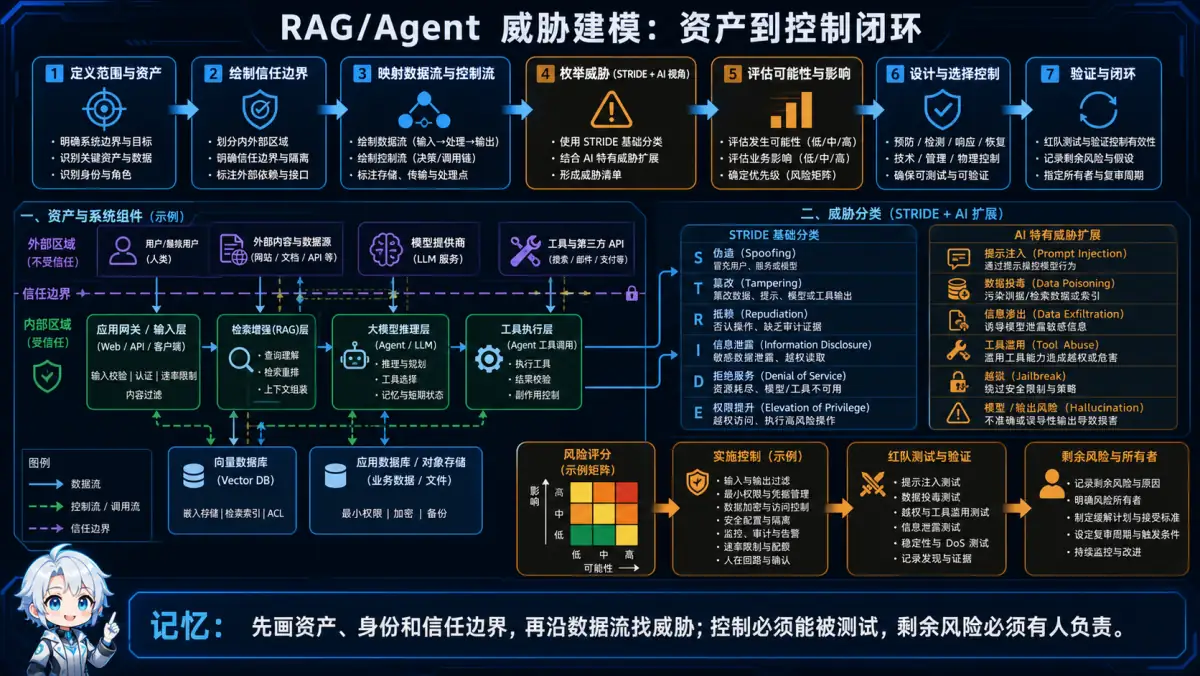 RAG Agent 资产、信任边界、数据流、威胁、控制和验证闭环图