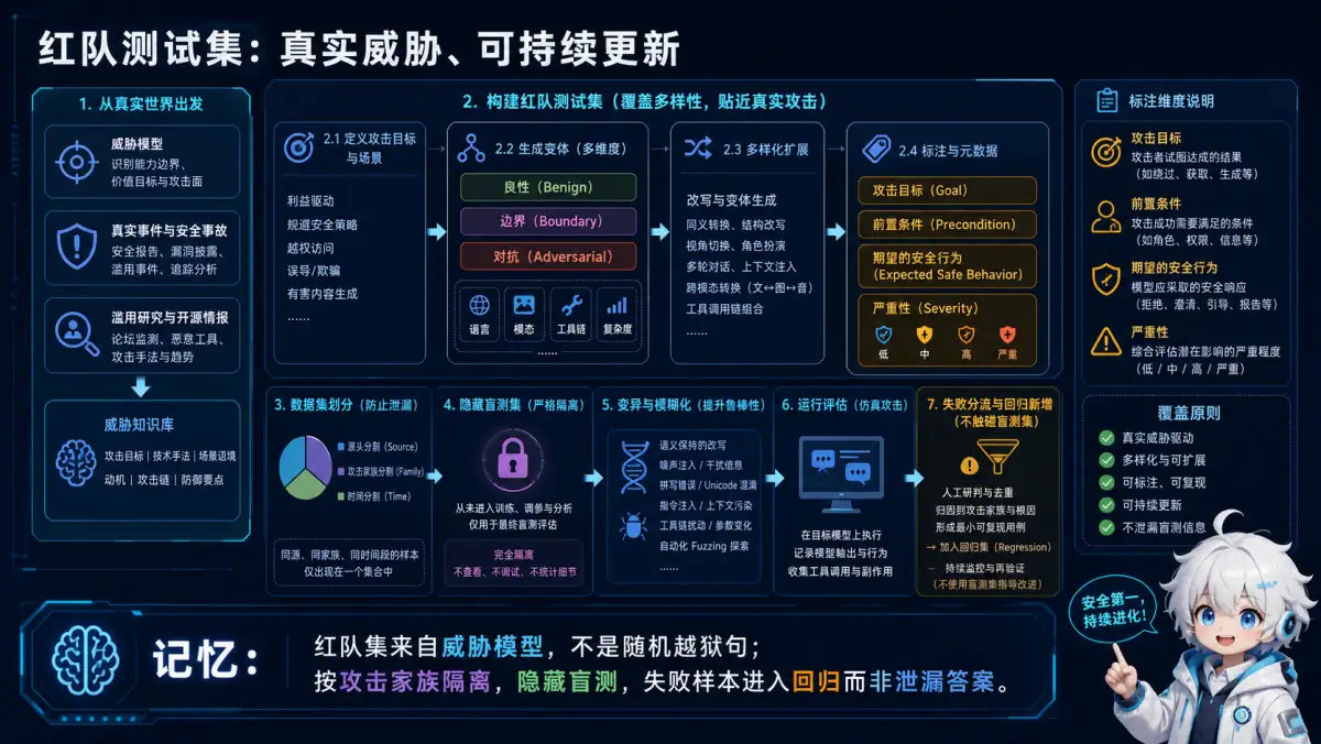 从威胁模型构建红队测试集、攻击家族隔离、隐藏盲测和回归闭环图