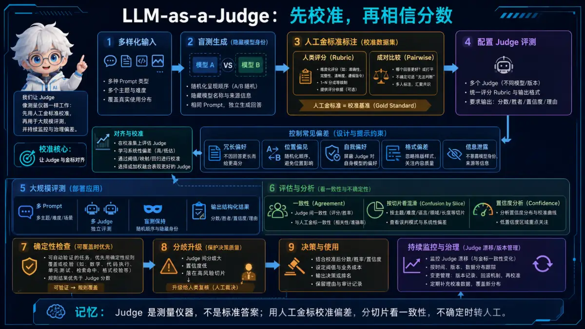 LLM Judge 人工金标校准、偏差控制、分层一致性和人工升级图