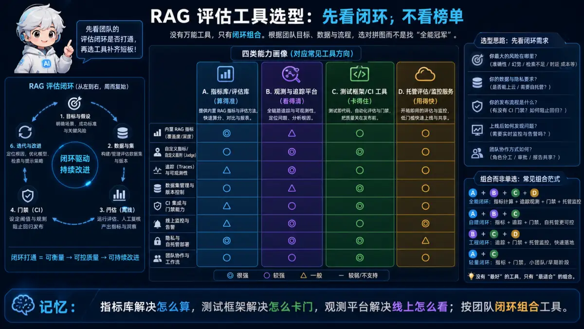 RAG 评估指标库、测试框架、观测平台和托管服务按闭环选型图