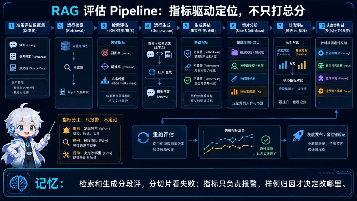 RAG 检索与生成分段评估、切片归因和迭代优化流水线图