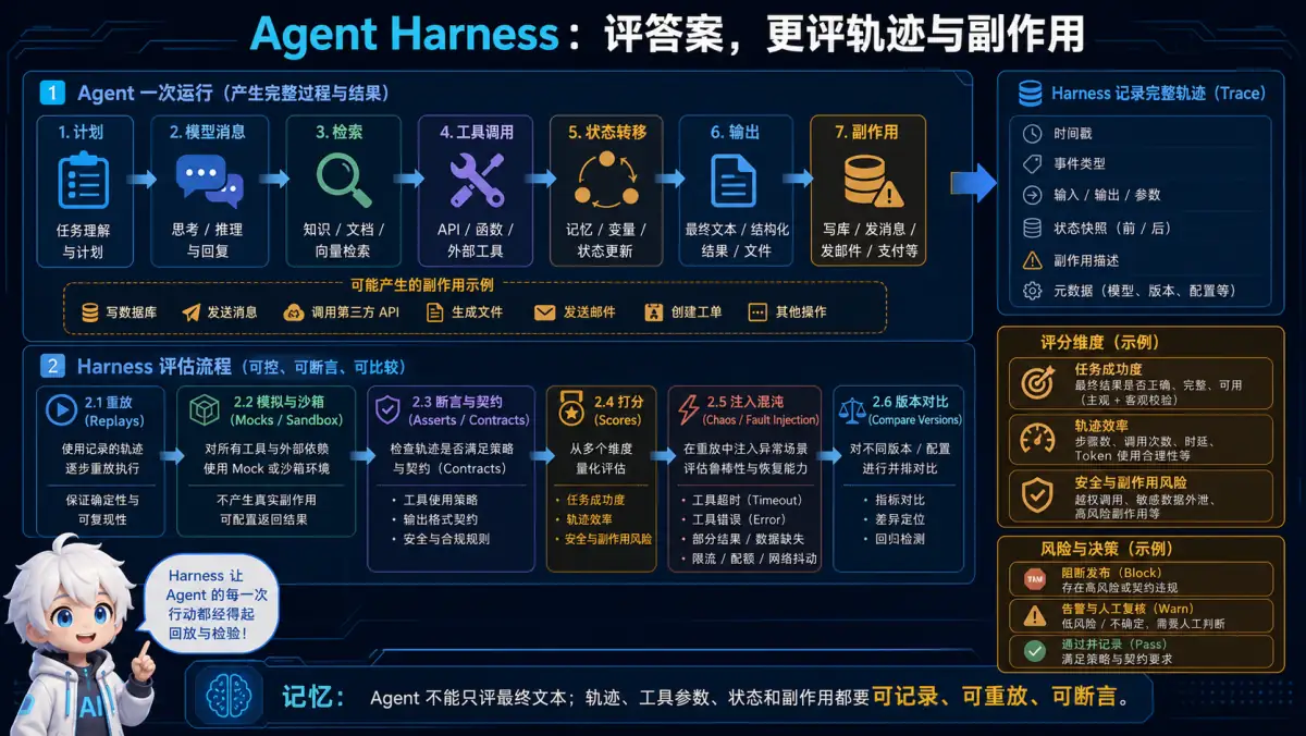 Agent Harness 对计划、轨迹、工具、状态、副作用进行记录重放和断言图