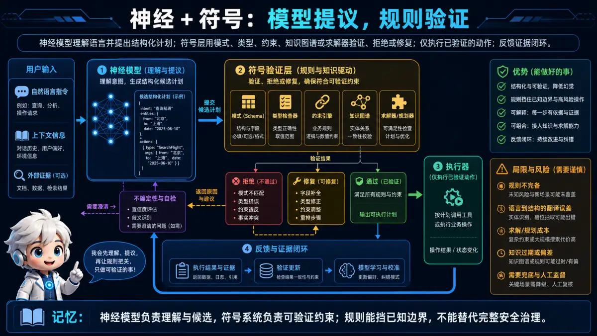 神经模型提出候选计划、符号规则验证约束后执行的闭环图