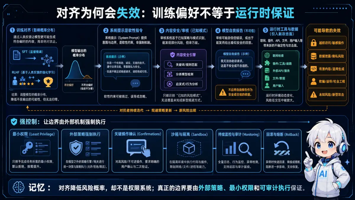 训练对齐与系统提示的软约束及外部强制安全控制分层图